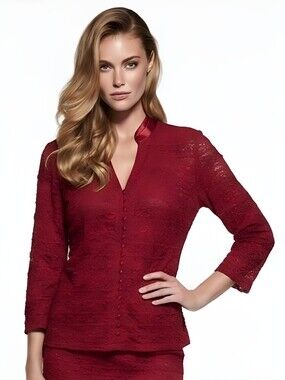 Alfani Lace Satin-Trim Button Blouse in Red